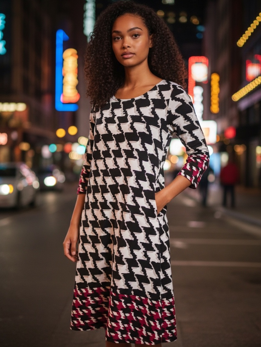 Covington Black & White Houndstooth Midi Dress with Pink Accent